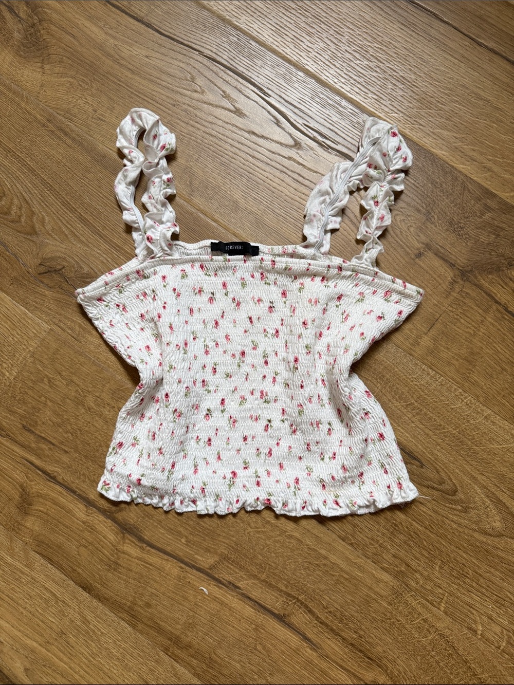 Forever 21 White Smocked Floral Ruffle Strap Camisole